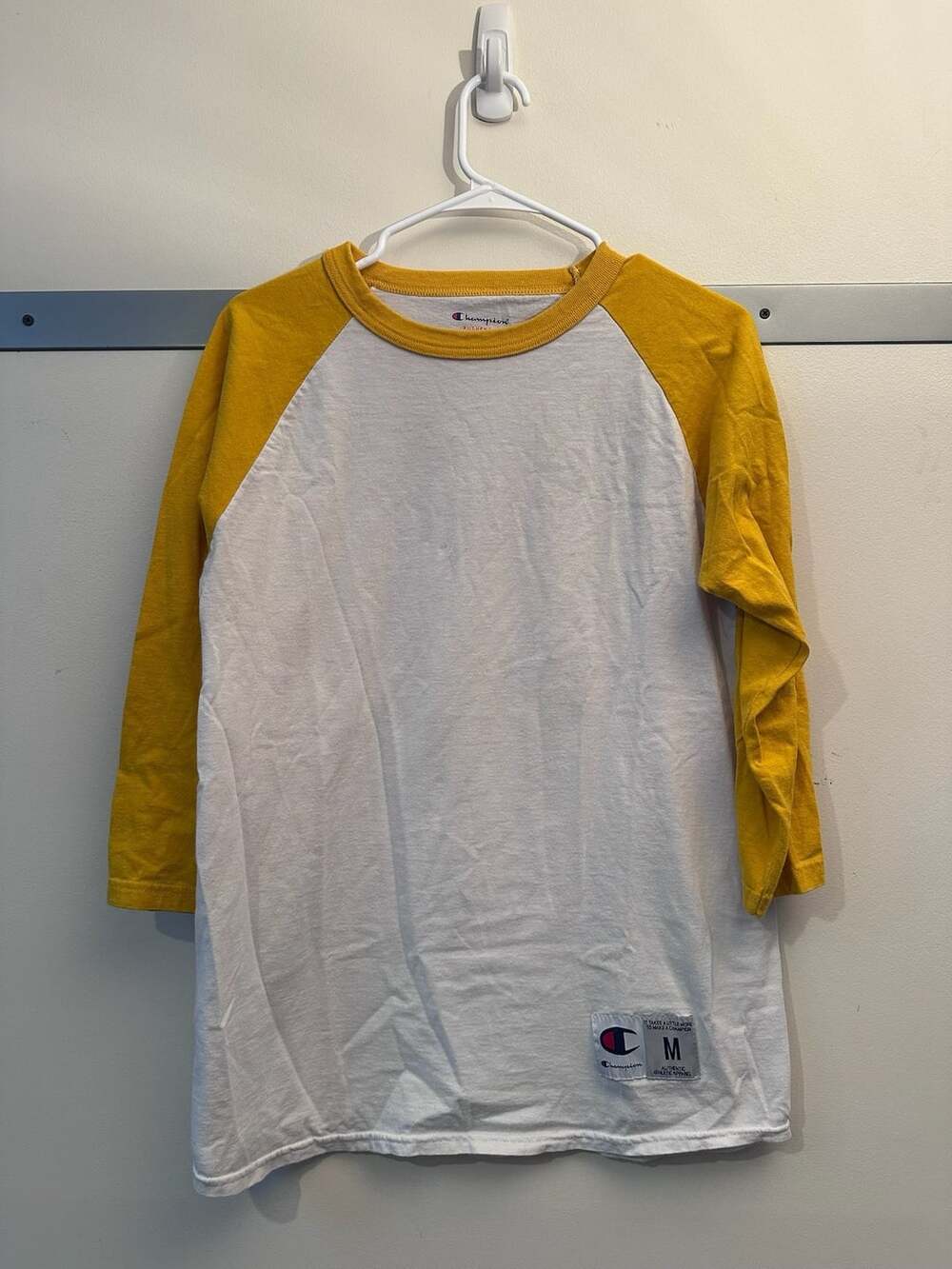 Champion 3/4 Sleeve Baseball T-Shirt Size M White Yellow